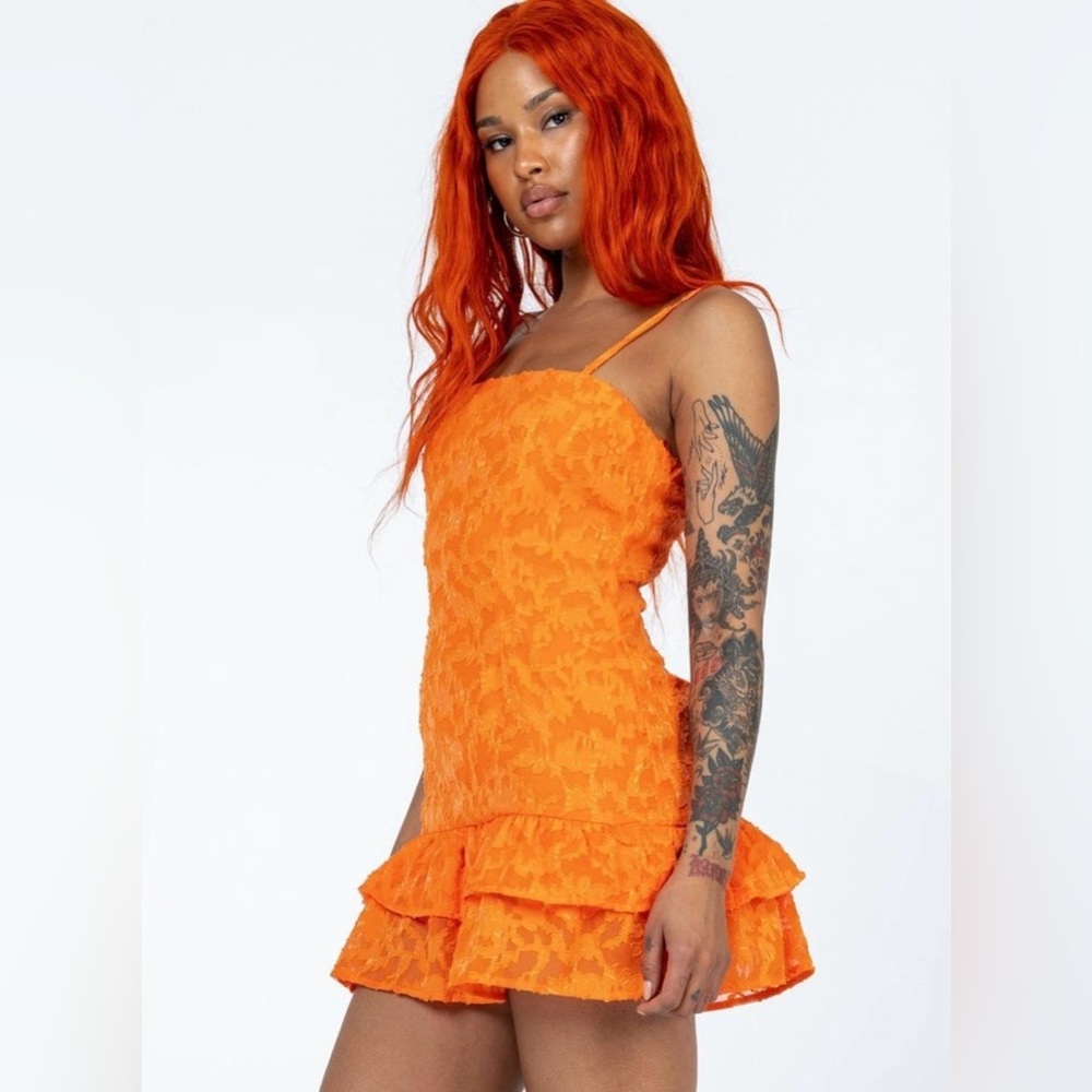 Princess Polly Bright Orange Textured Fabric Mini Dress- Ruffled Hem- Size 6